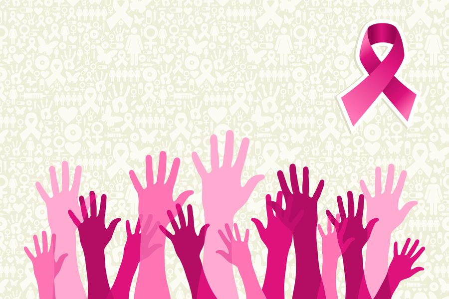 ilustración de varias manos de color rosa y un lazo rosa en conmemoración del día del cáncer