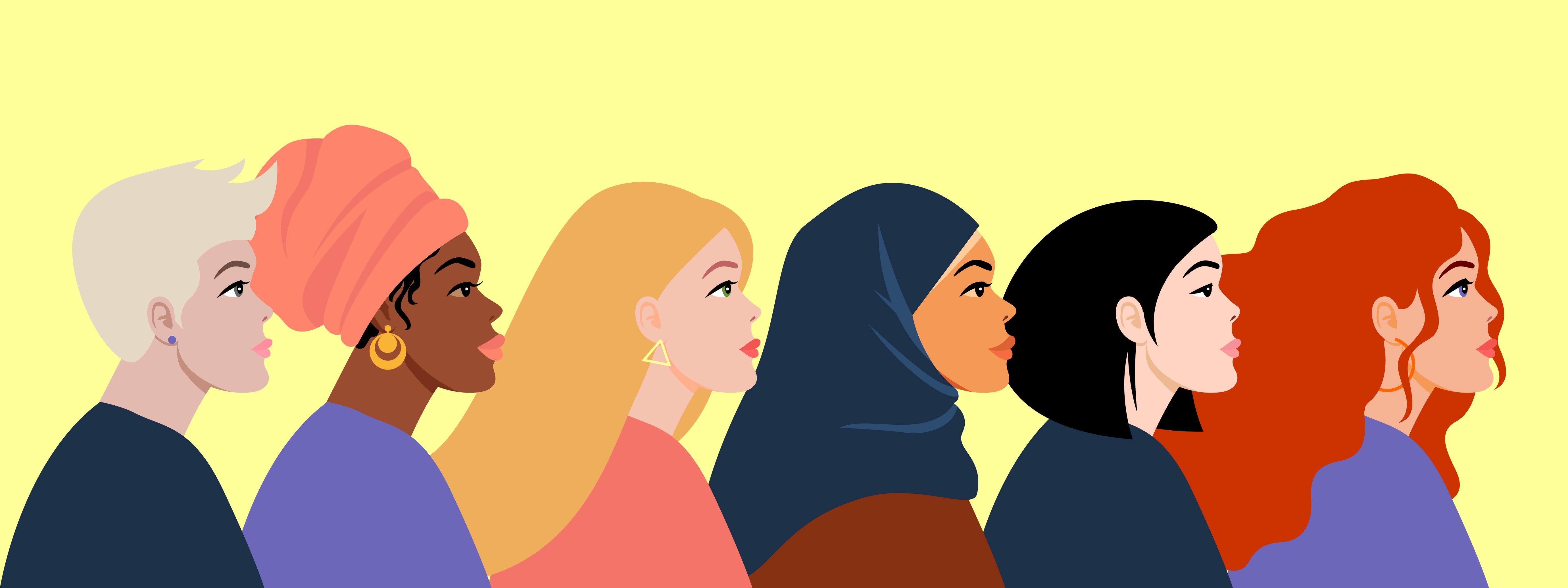Mujeres de diferentes razas y religiones en fila