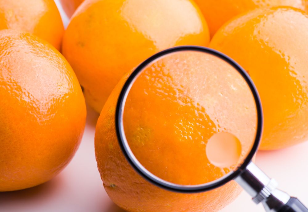 naranja siendo revisada con una lupa